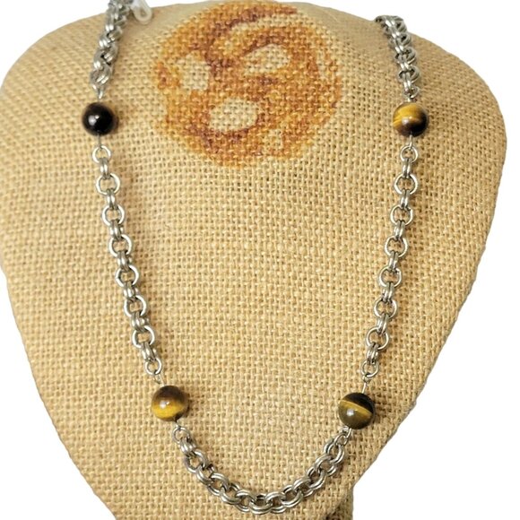 Vintage 80s Tigers Eye Bead Chain Necklace Women Silver Jewelry Crystal Gemstone - Picture 10 of 11
